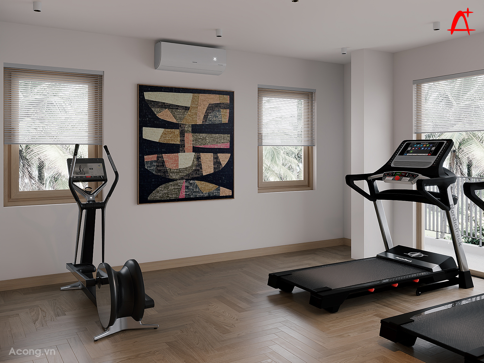 Phòng tập kết nối với ban công qua hệ cửa kính, tăng thông thoáng và tạo cảm hứng vận động.